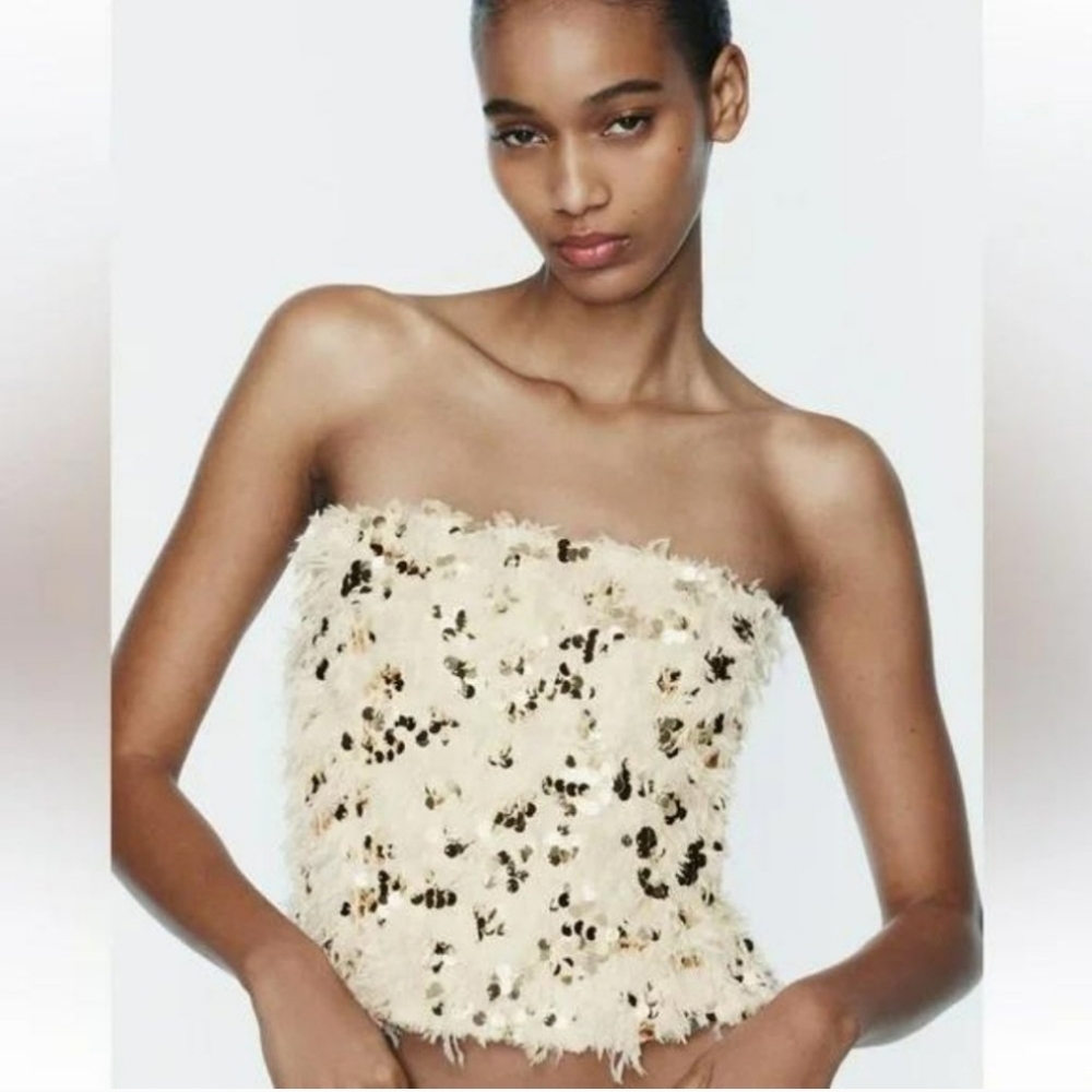 Zara Feather And Sequins Tube Top